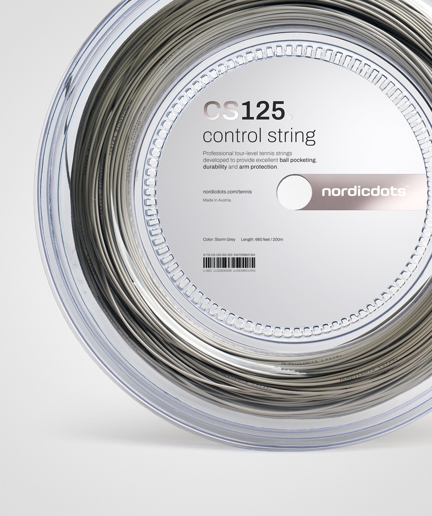 CS125. Control String - Storm Grey - 200m Reel tennis nordicdots strings nordicdots.com